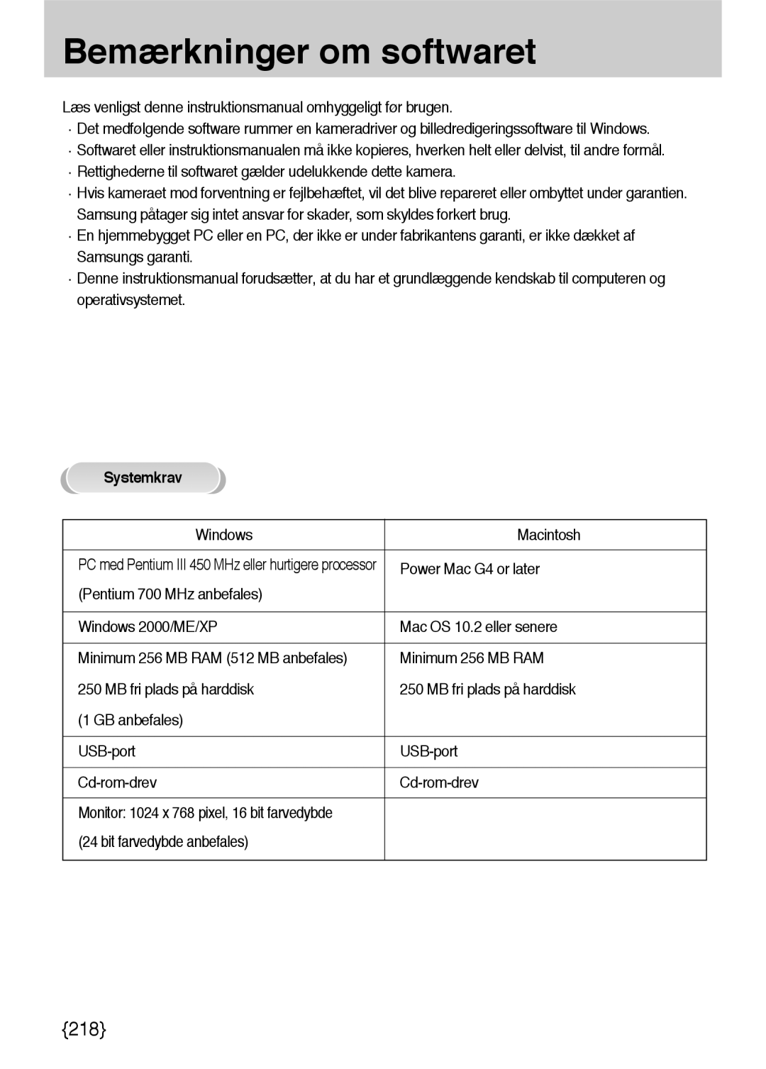 Samsung ER-GX10ZBBB/DE, ER-GX10ZBBB/SE Bemærkninger om softwaret, Systemkrav, Windows Macintosh, Power Mac G4 or later 