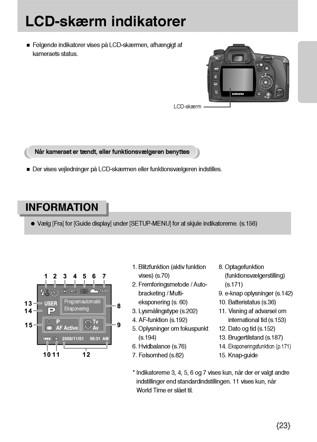 Samsung ER-GX10ZBBB/SE, ER-GX10ZBBH/DE manual LCD-skærm indikatorer, Når kameraet er tændt, eller funktionsvælgeren benyttes 