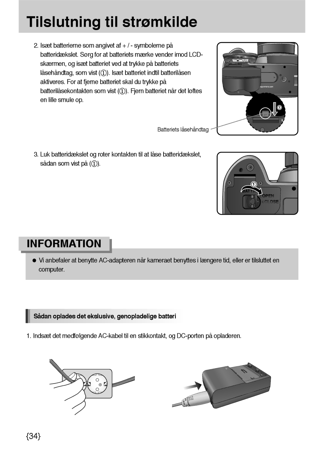 Samsung ER-GX10ZBBB/DE, ER-GX10ZBBB/SE, ER-GX10ZBBH/DE, ER-GX10ZBBA/DK Sådan oplades det ekslusive, genopladelige batteri 