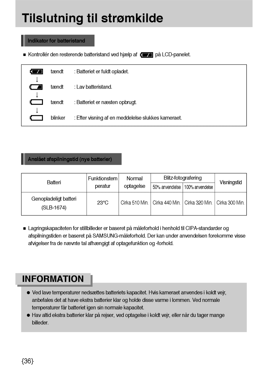 Samsung ER-GX10ZBBH/DE manual Indikator for batteristand, Kontrollér den resterende batteristand ved hjælp af, Batteri 