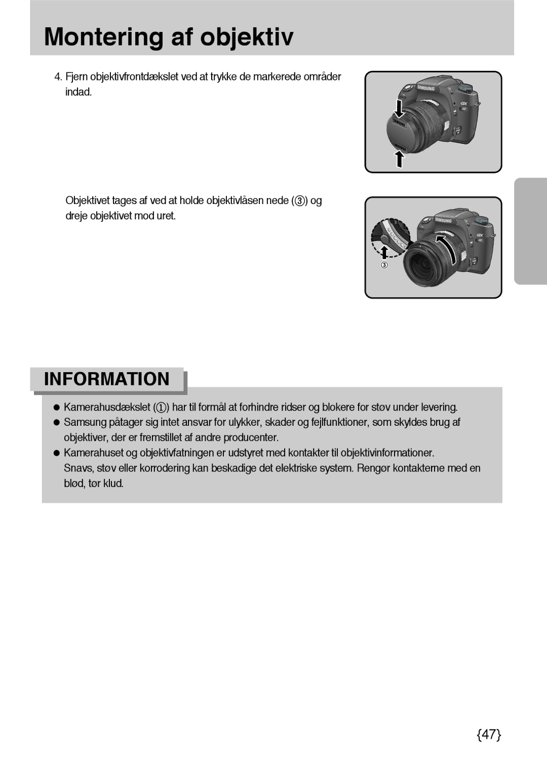 Samsung ER-GX10ZBBB/SE, ER-GX10ZBBH/DE, ER-GX10ZBBA/DK, ER-GX10ZBBB/DE manual Montering af objektiv 