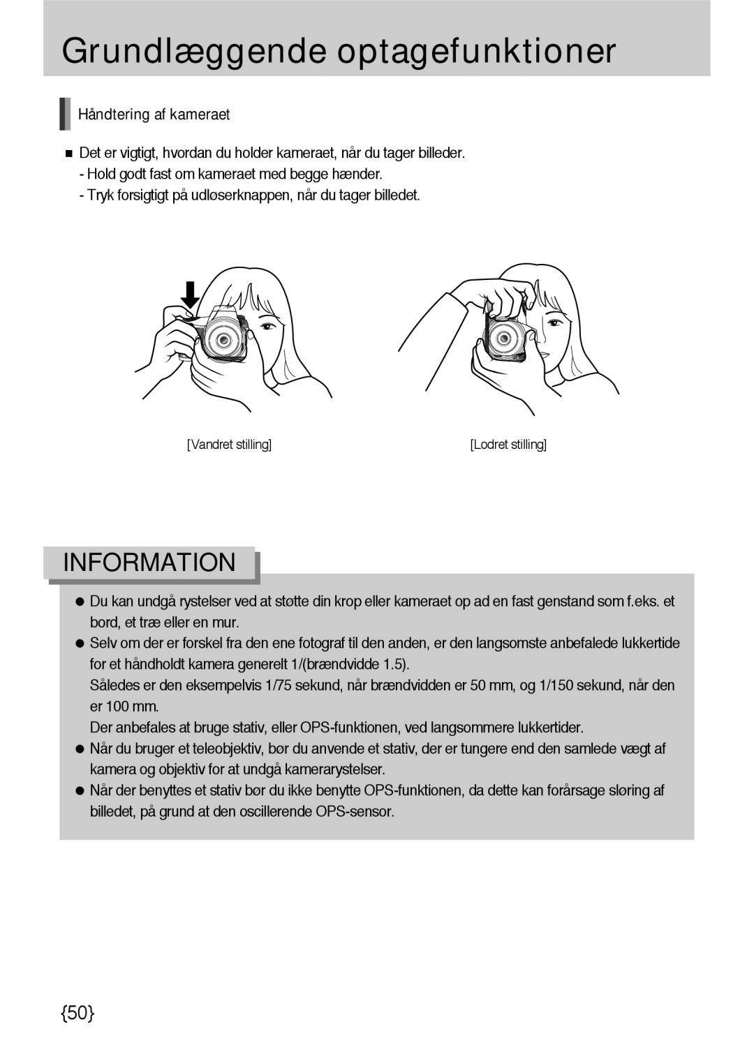 Samsung ER-GX10ZBBB/DE, ER-GX10ZBBB/SE, ER-GX10ZBBH/DE manual Grundlæggende optagefunktioner, Håndtering af kameraet 