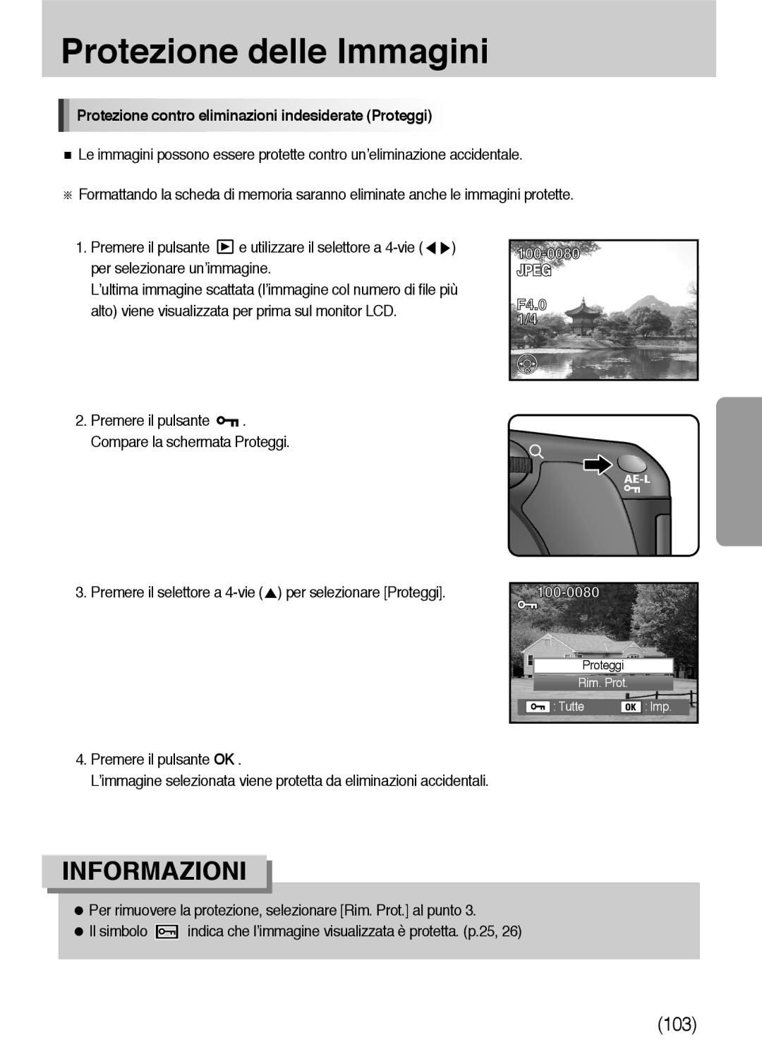 Samsung ER-GX10ZBBC/IT, ER-GX10ZBBH/DE Protezione delle Immagini, Protezione contro eliminazioni indesiderate Proteggi 