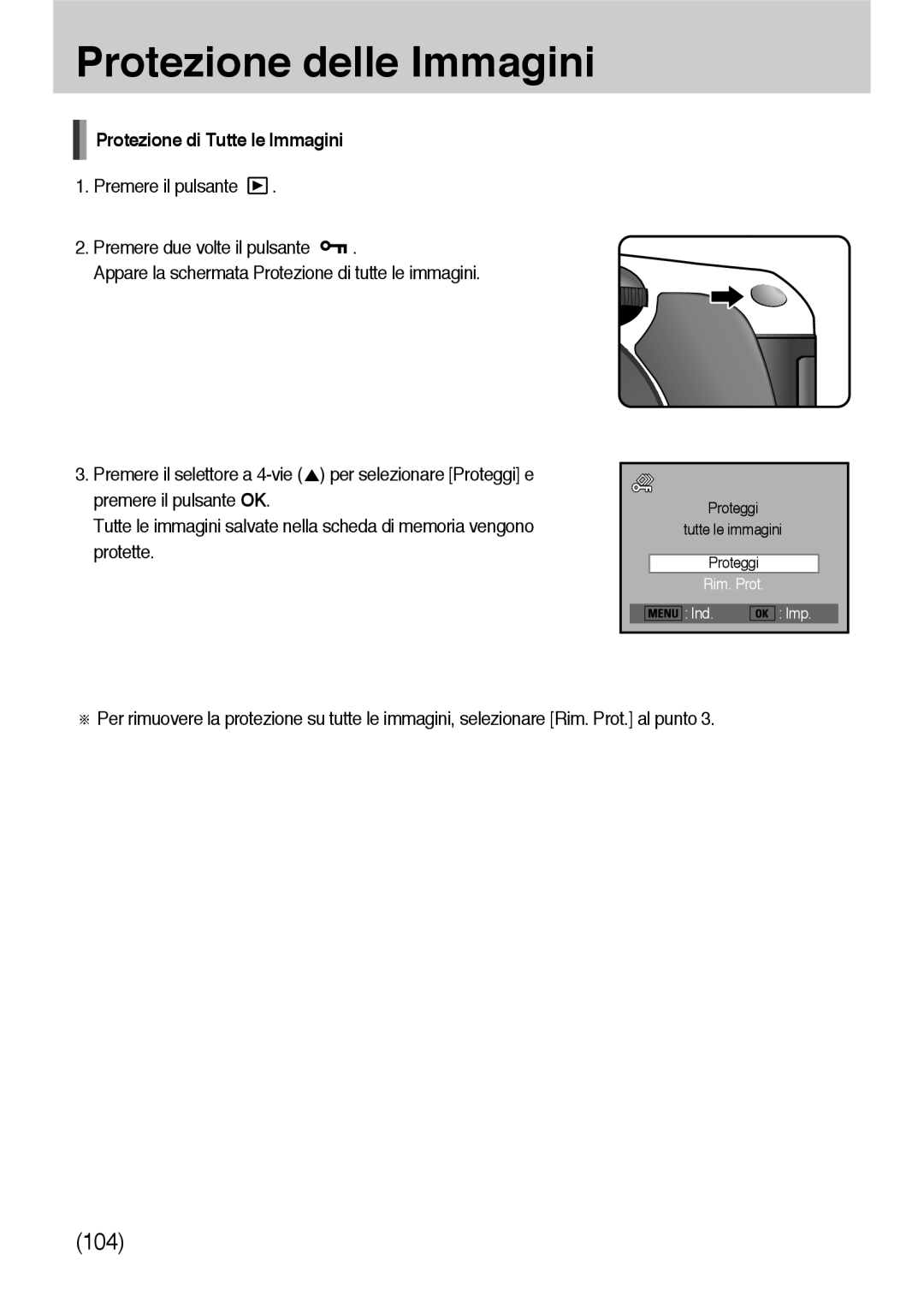 Samsung ER-GX10ZBBH/DE, ER-GX10ZBBB/DE, ER-GX10ZBBB/IT, ER-GX10ZBBD/IT, ER-GX10ZBBB/E1 manual Protezione di Tutte le Immagini 