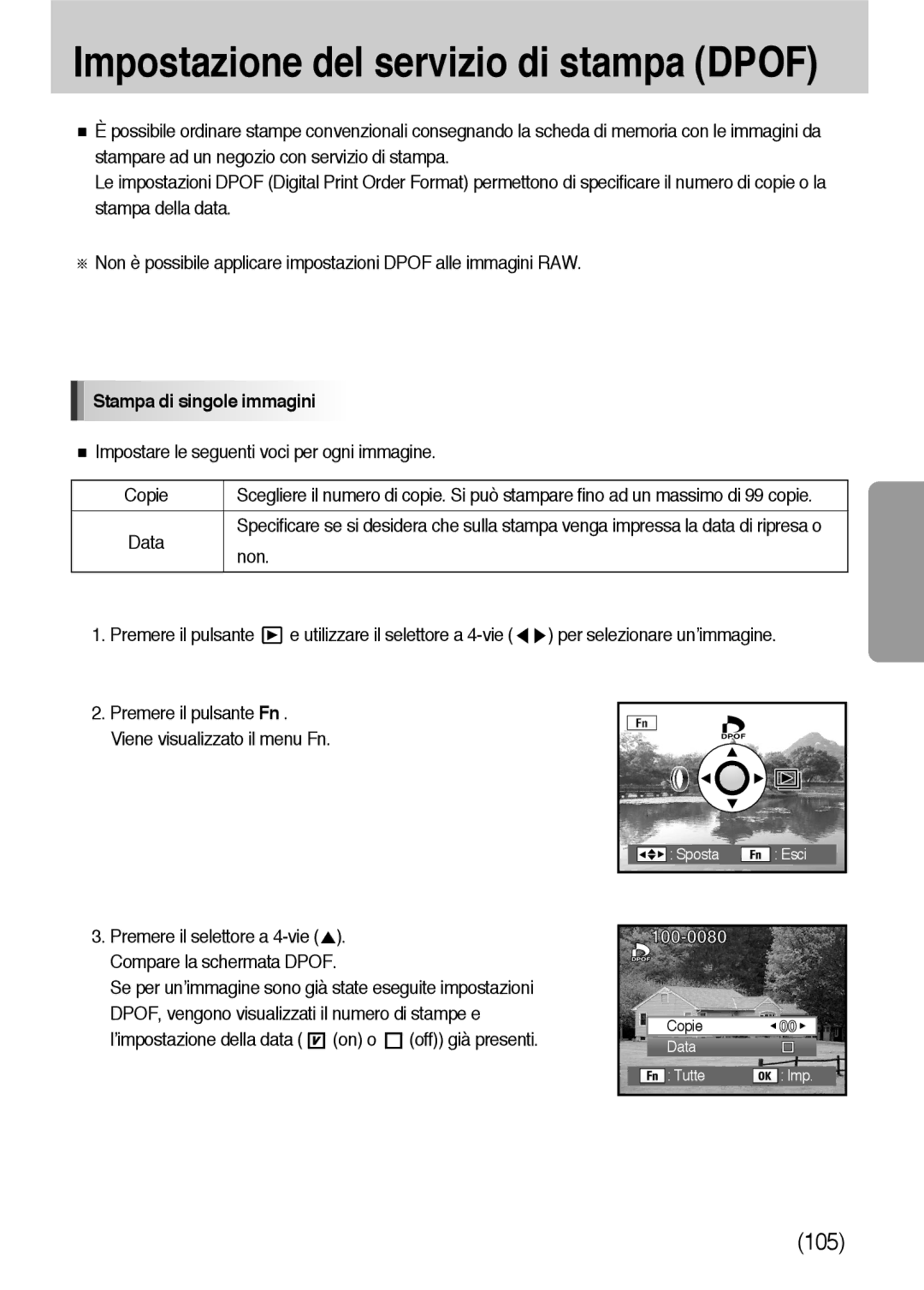 Samsung ER-GX10ZBBB/DE, ER-GX10ZBBH/DE manual Stampa di singole immagini, Impostare le seguenti voci per ogni immagine Copie 