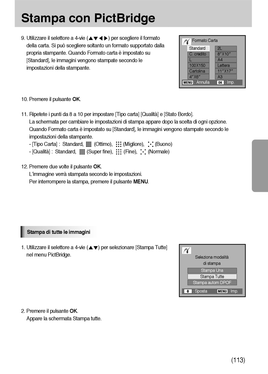 Samsung ER-GX10ZBBB/IT, ER-GX10ZBBH/DE, ER-GX10ZBBB/DE, ER-GX10ZBBD/IT manual Per selezionare Stampa Tutte Nel menu PictBridge 