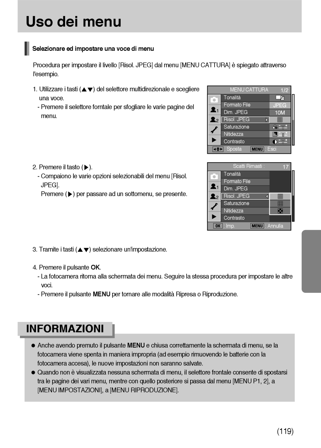 Samsung ER-GX10ZBBB/DE, ER-GX10ZBBH/DE, ER-GX10ZBBB/IT manual Selezionare ed impostare una voce di menu, Tramite i tasti 