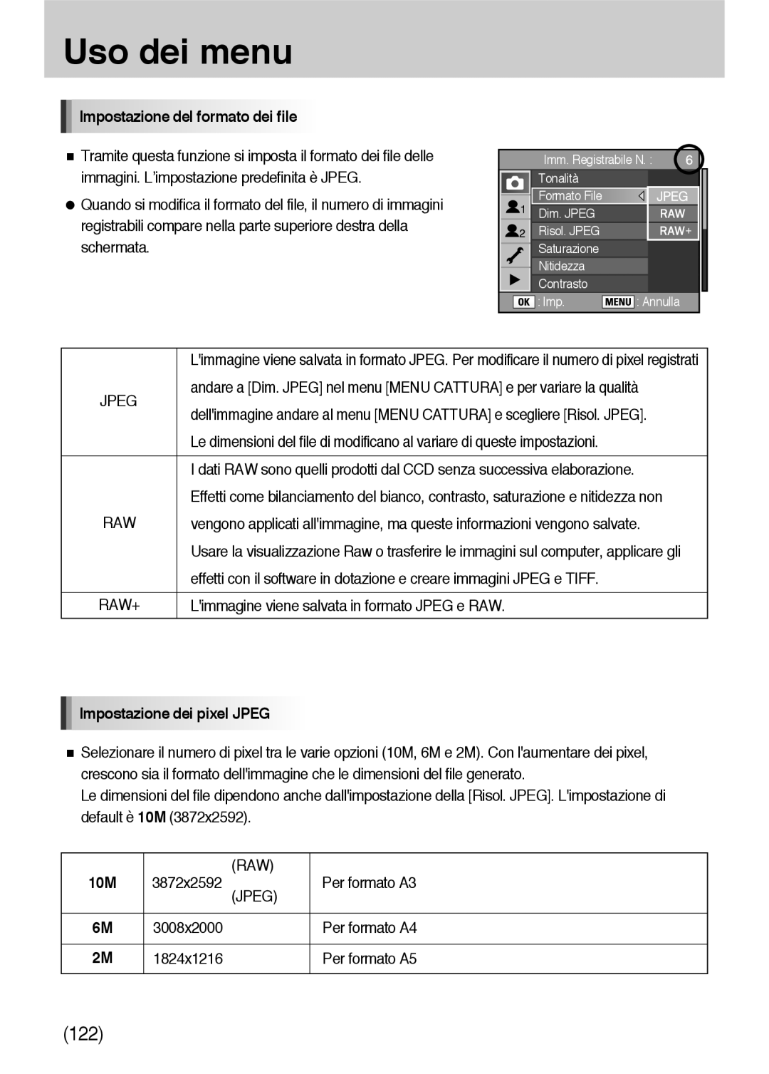 Samsung ER-GX10ZBBB/E1, ER-GX10ZBBH/DE, ER-GX10ZBBB/DE Impostazione del formato dei file, Impostazione dei pixel Jpeg, 10M 