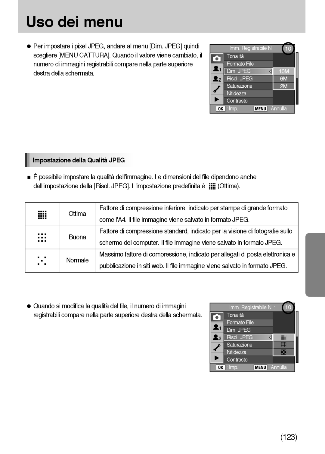 Samsung ER-GX10ZBBA/IT, ER-GX10ZBBH/DE, ER-GX10ZBBB/DE, ER-GX10ZBBB/IT, ER-GX10ZBBD/IT manual Impostazione della Qualità Jpeg 