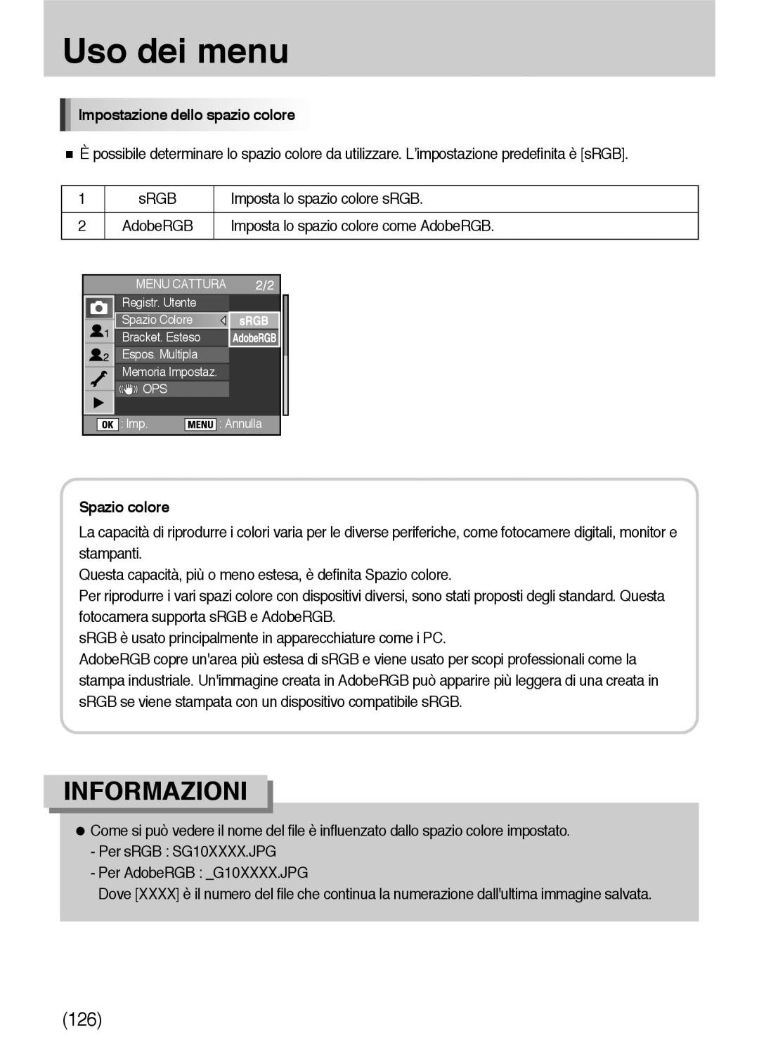 Samsung ER-GX10ZBBB/DE manual Impostazione dello spazio colore, Imposta lo spazio colore come AdobeRGB, Spazio colore 