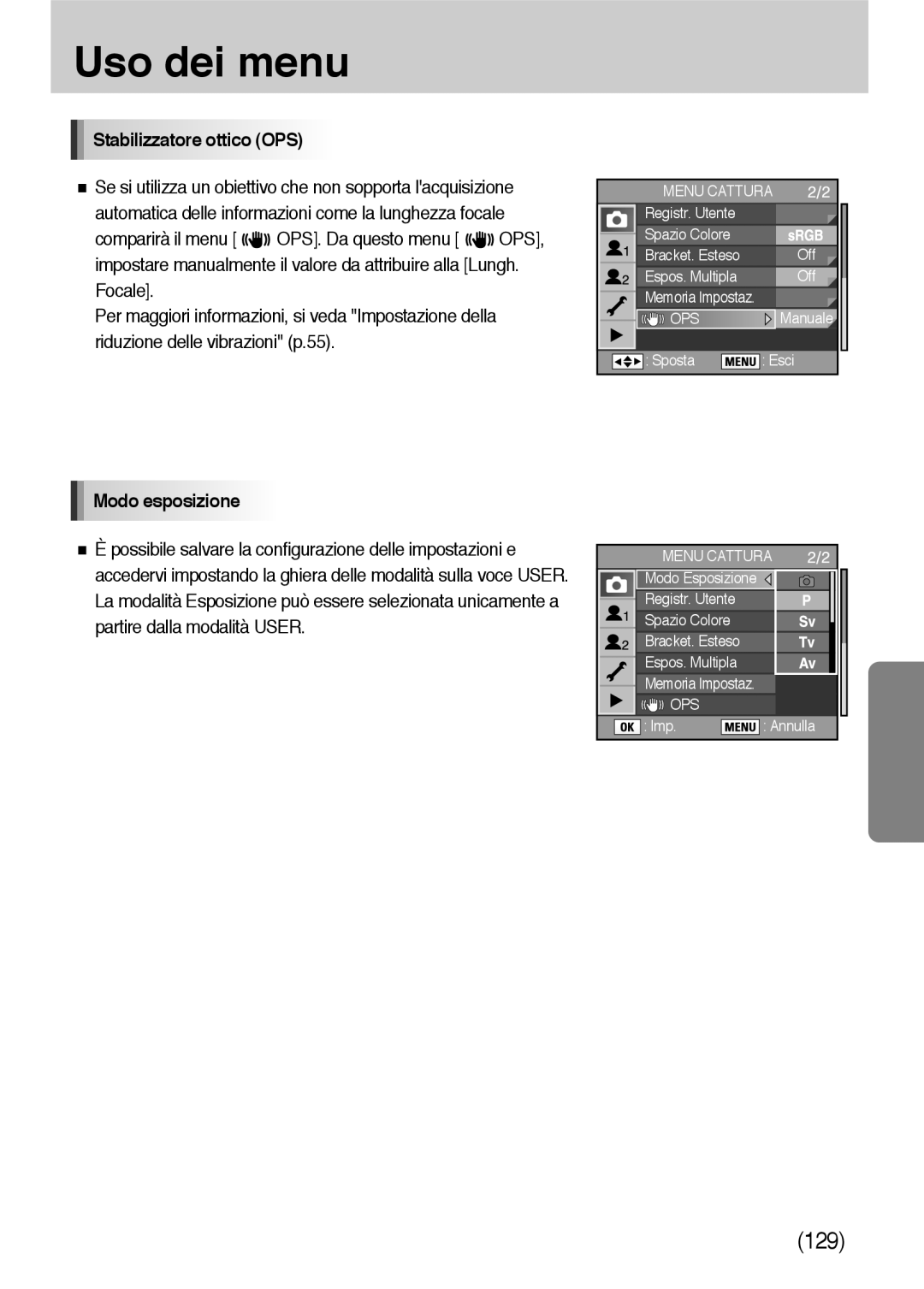 Samsung ER-GX10ZBBB/E1, ER-GX10ZBBH/DE, ER-GX10ZBBB/DE, ER-GX10ZBBB/IT manual Stabilizzatore ottico OPS, Modo esposizione 