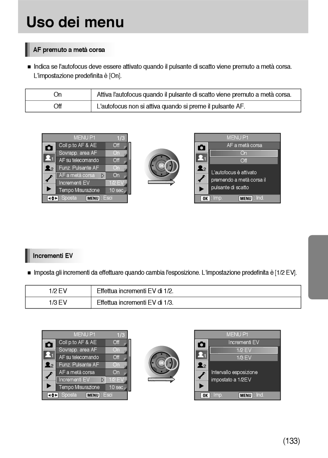 Samsung ER-GX10ZBBB/DE AF premuto a metà corsa, Off Lautofocus non si attiva quando si preme il pulsante AF, Incrementi EV 