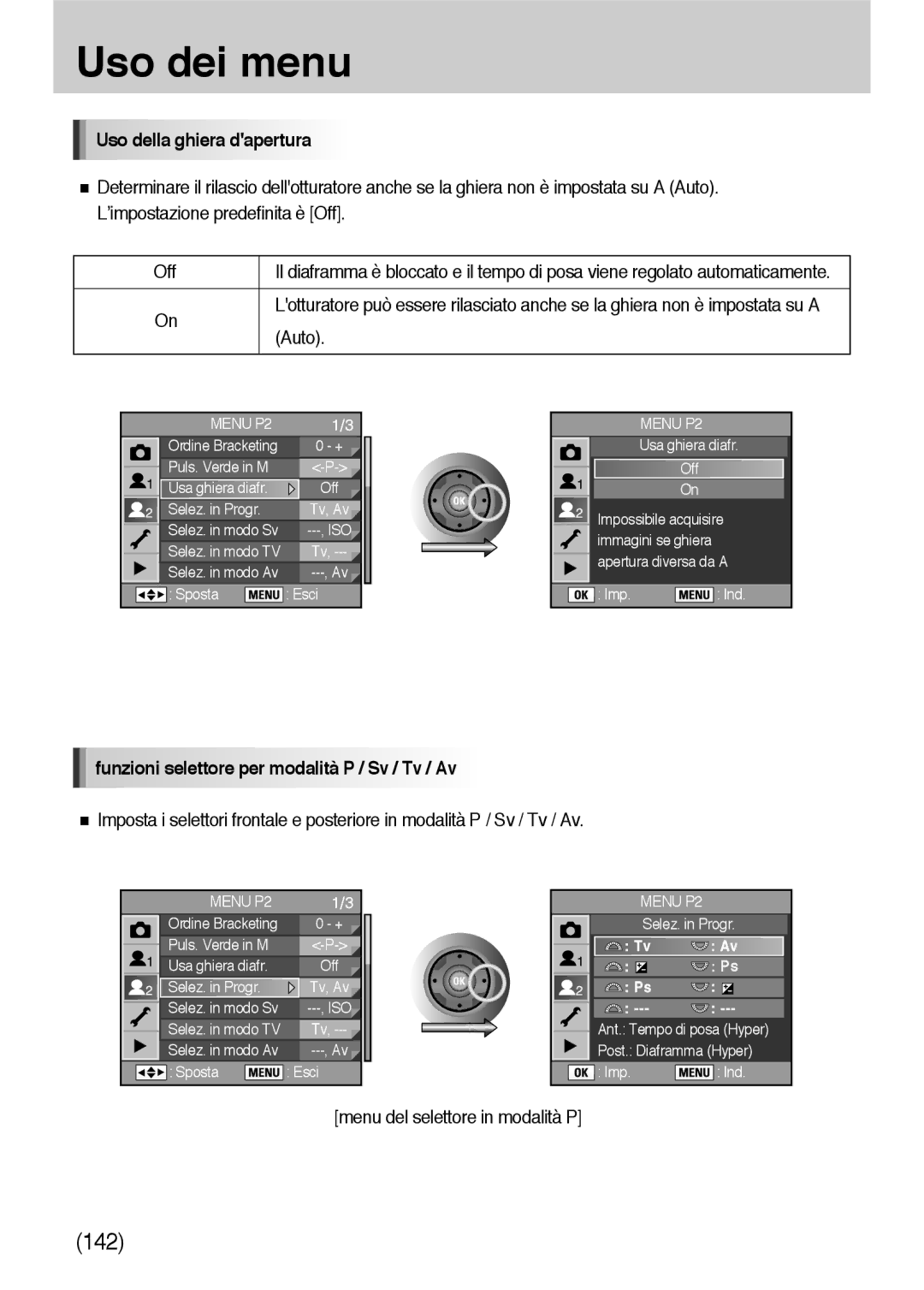 Samsung ER-GX10ZBBD/IT, ER-GX10ZBBH/DE Uso della ghiera dapertura, Auto, Funzioni selettore per modalità P / Sv / Tv / Av 