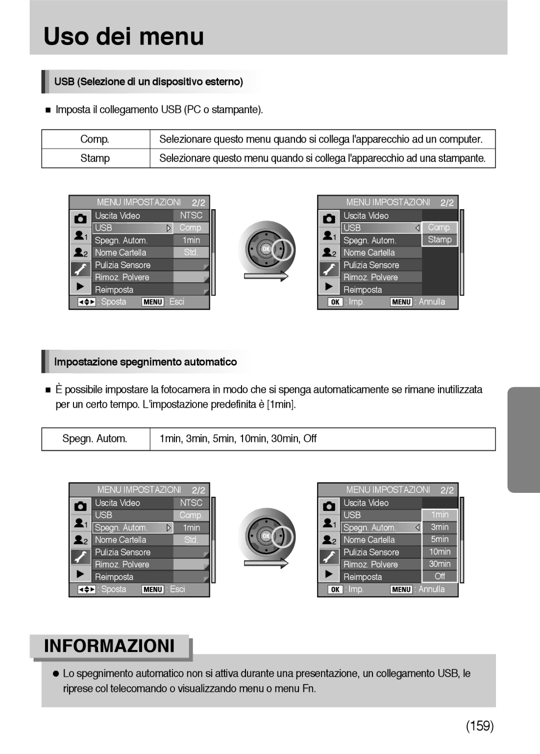 Samsung ER-GX10ZBBC/IT manual Imposta il collegamento USB PC o stampante Comp, Stamp, Impostazione spegnimento automatico 