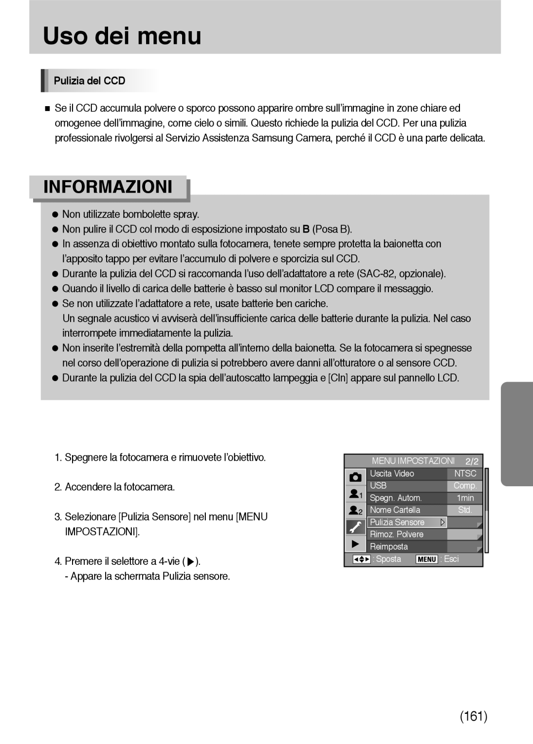 Samsung ER-GX10ZBBB/DE, ER-GX10ZBBH/DE, ER-GX10ZBBB/IT, ER-GX10ZBBD/IT, ER-GX10ZBBB/E1 manual Pulizia del CCD, Impostazioni 