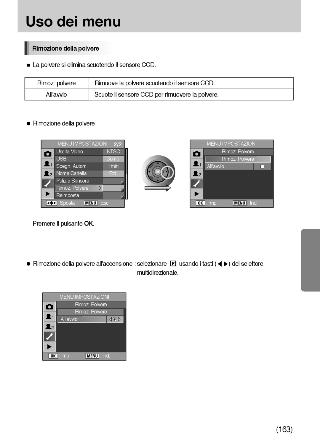 Samsung ER-GX10ZBBD/IT manual Rimozione della polvere, Scuote il sensore CCD per rimuovere la polvere, Usando i tasti 