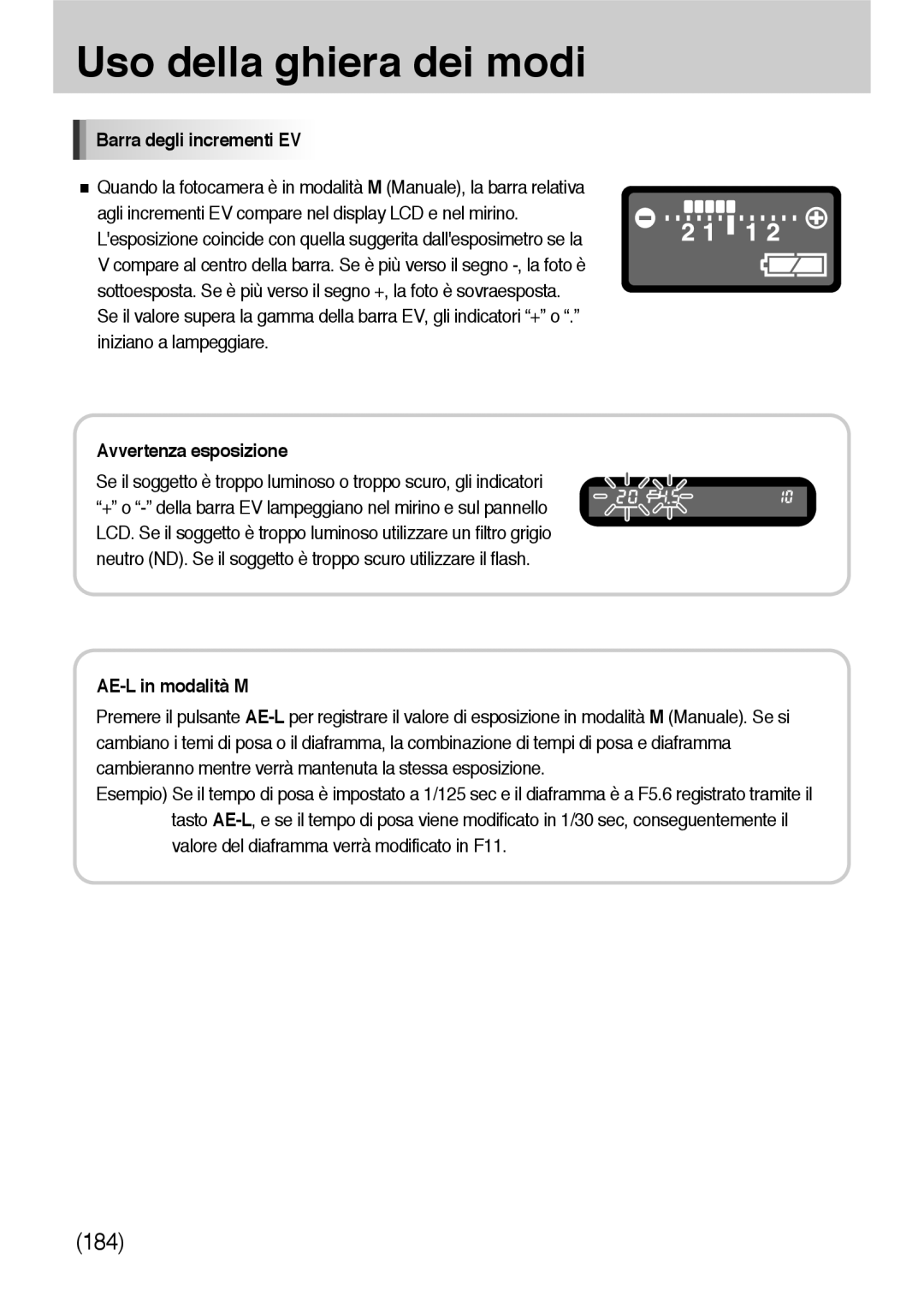 Samsung ER-GX10ZBBD/IT, ER-GX10ZBBH/DE, ER-GX10ZBBB/DE, ER-GX10ZBBB/IT manual Barra degli incrementi EV, AE-L in modalità M 