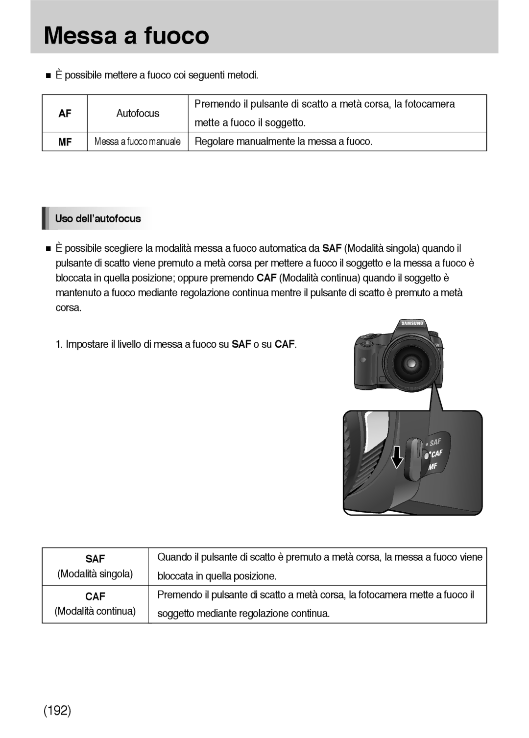 Samsung ER-GX10ZBBB/E1, ER-GX10ZBBH/DE, ER-GX10ZBBB/DE manual Messa a fuoco, Uso dell’autofocus, Bloccata in quella posizione 