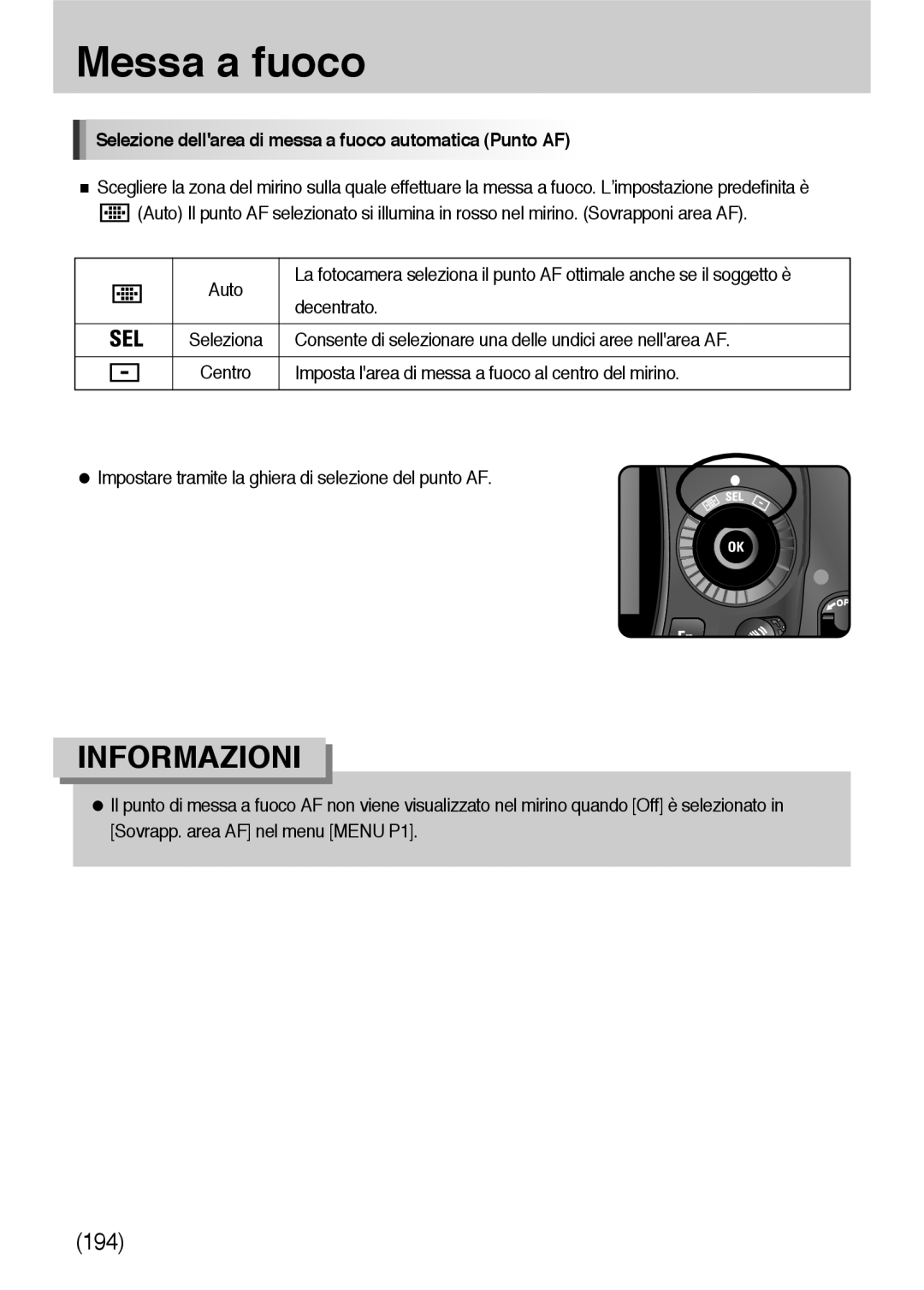 Samsung ER-GX10ZBBC/IT, ER-GX10ZBBH/DE, ER-GX10ZBBB/DE Selezione dellarea di messa a fuoco automatica Punto AF, Decentrato 