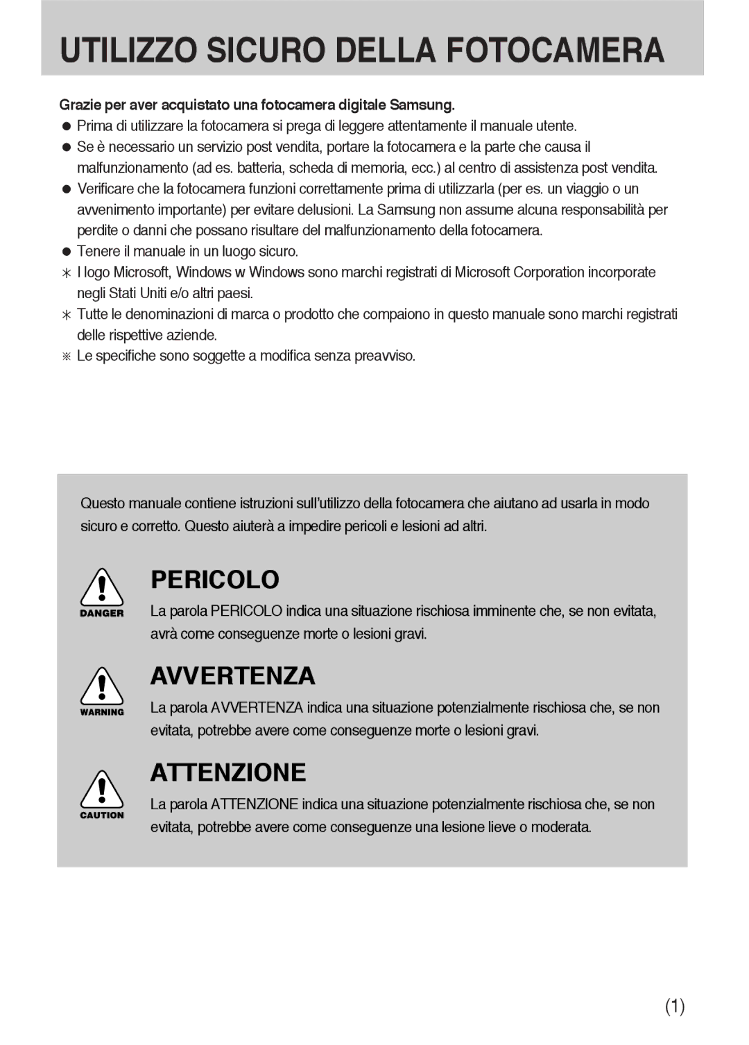 Samsung ER-GX10ZBBB/IT manual Utilizzo Sicuro Della Fotocamera, Grazie per aver acquistato una fotocamera digitale Samsung 