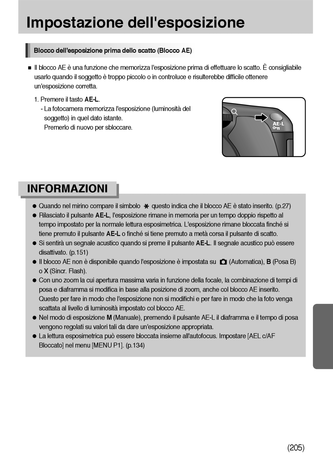 Samsung ER-GX10ZBBD/IT, ER-GX10ZBBH/DE, ER-GX10ZBBB/DE, ER-GX10ZBBB/IT Blocco dellesposizione prima dello scatto Blocco AE 