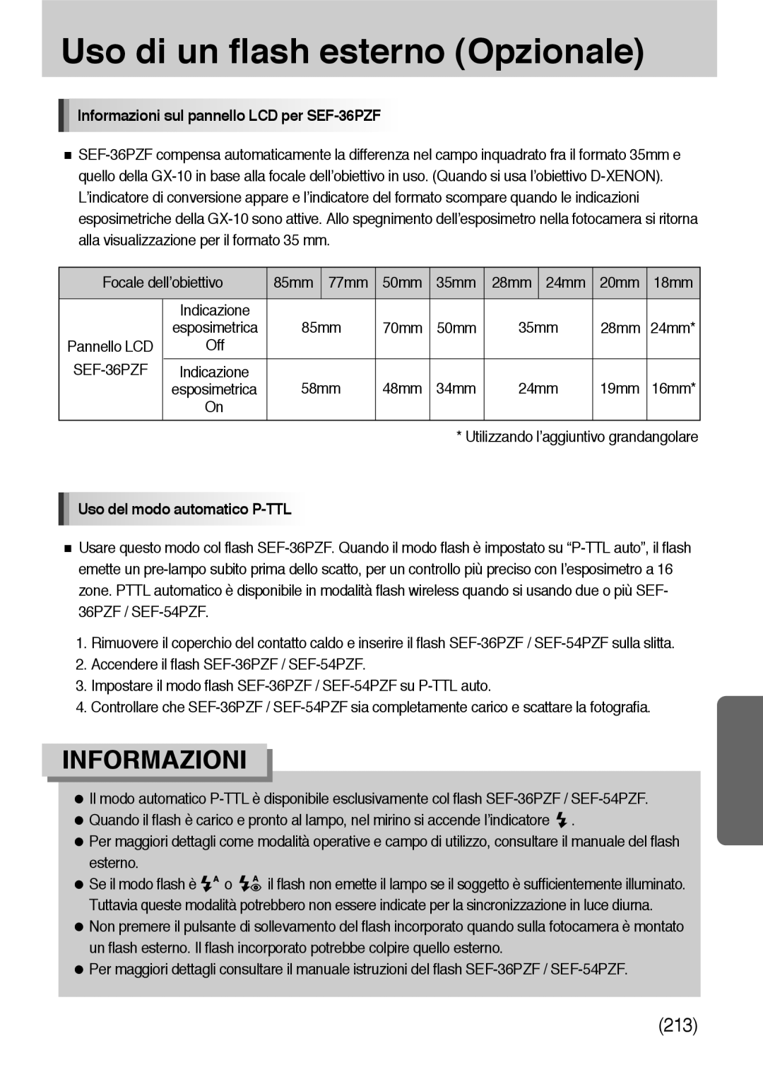 Samsung ER-GX10ZBBB/E1 Informazioni sul pannello LCD per SEF-36PZF, 85mm 35mm, 70mm 50mm 28mm, 58mm 48mm 34mm 24mm 19mm 