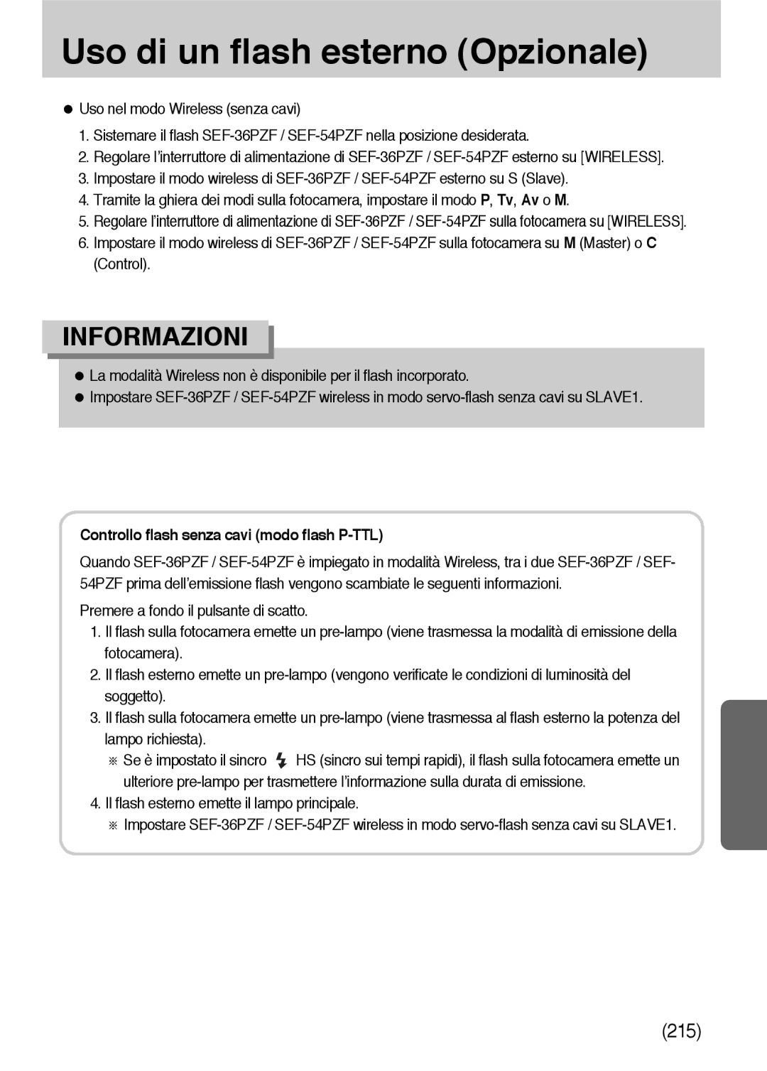 Samsung ER-GX10ZBBC/IT, ER-GX10ZBBH/DE, ER-GX10ZBBB/DE, ER-GX10ZBBB/IT manual Controllo flash senza cavi modo flash P-TTL 