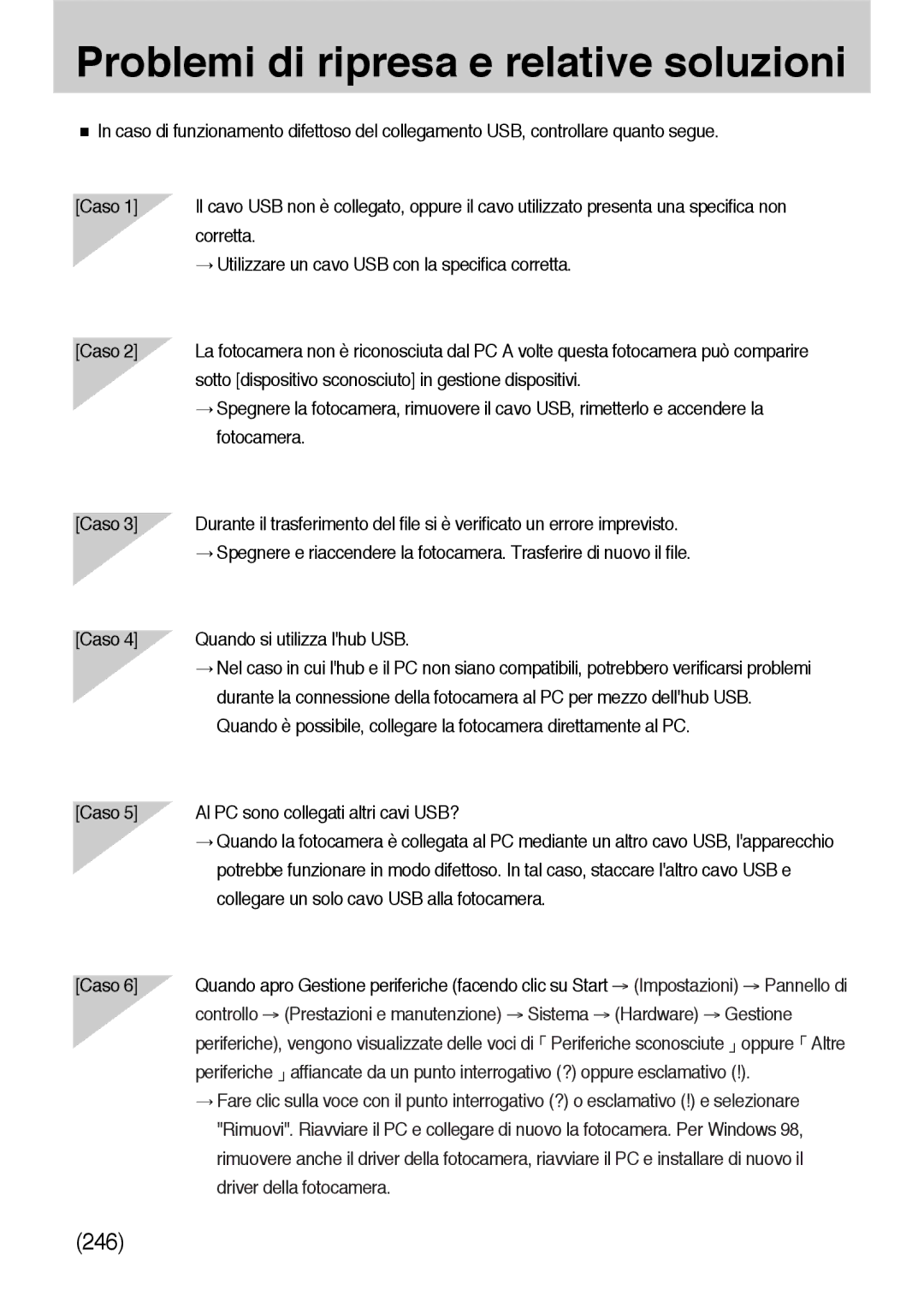 Samsung ER-GX10ZBBB/IT manual Corretta, Utilizzare un cavo USB con la specifica corretta, Caso, Driver della fotocamera 