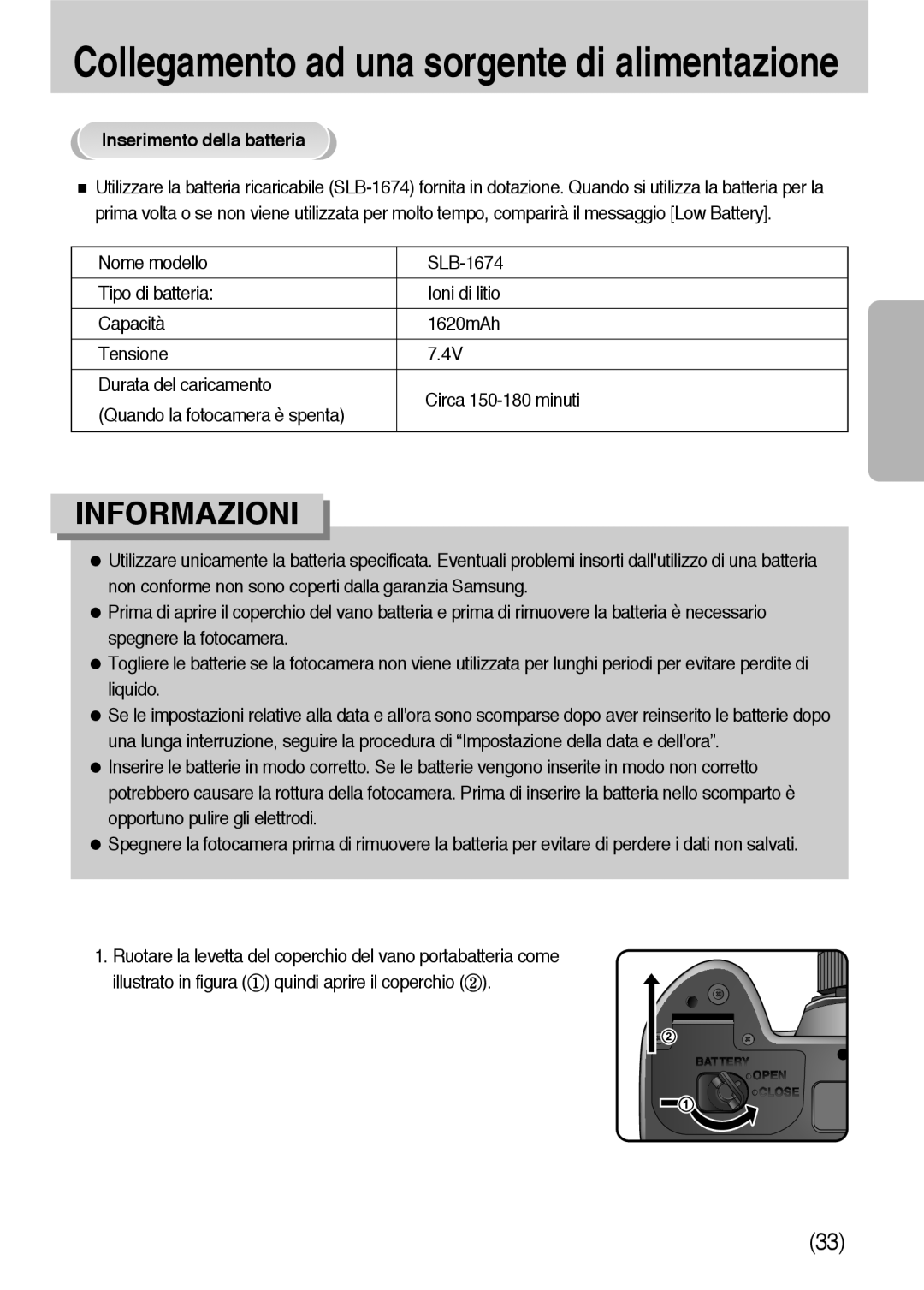 Samsung ER-GX10ZBBC/IT, ER-GX10ZBBH/DE manual Collegamento ad una sorgente di alimentazione, Inserimento della batteria 