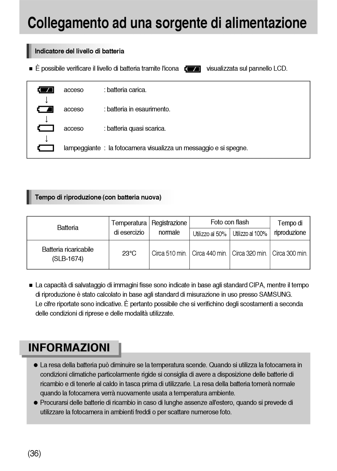 Samsung ER-GX10ZBBB/IT, ER-GX10ZBBH/DE manual Indicatore del livello di batteria, Tempo di riproduzione con batteria nuova 