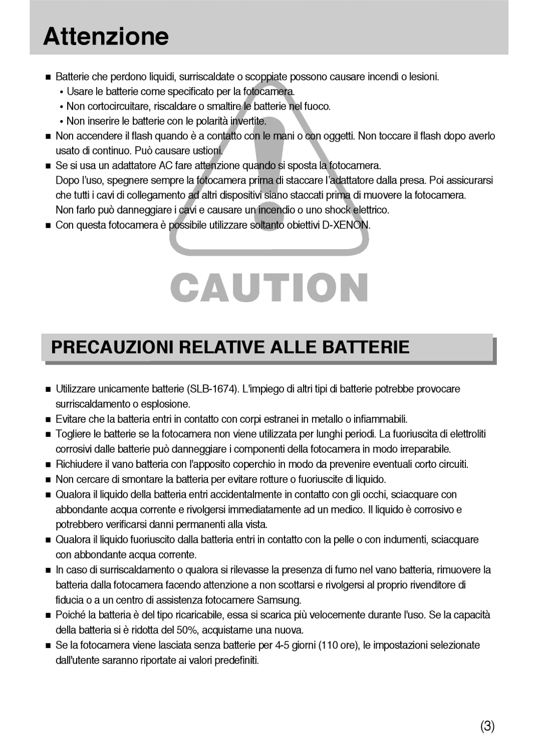 Samsung ER-GX10ZBBB/E1, ER-GX10ZBBH/DE, ER-GX10ZBBB/DE, ER-GX10ZBBB/IT manual Attenzione, Precauzioni Relative Alle Batterie 