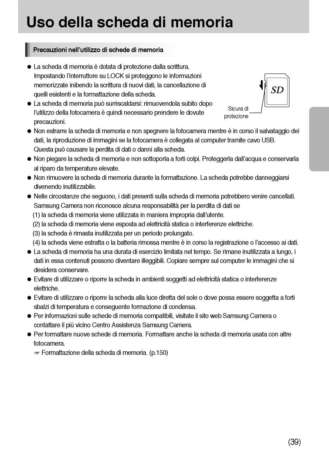 Samsung ER-GX10ZBBA/IT, ER-GX10ZBBH/DE, ER-GX10ZBBB/DE, ER-GX10ZBBB/IT manual Precauzioni nell’utilizzo di schede di memoria 