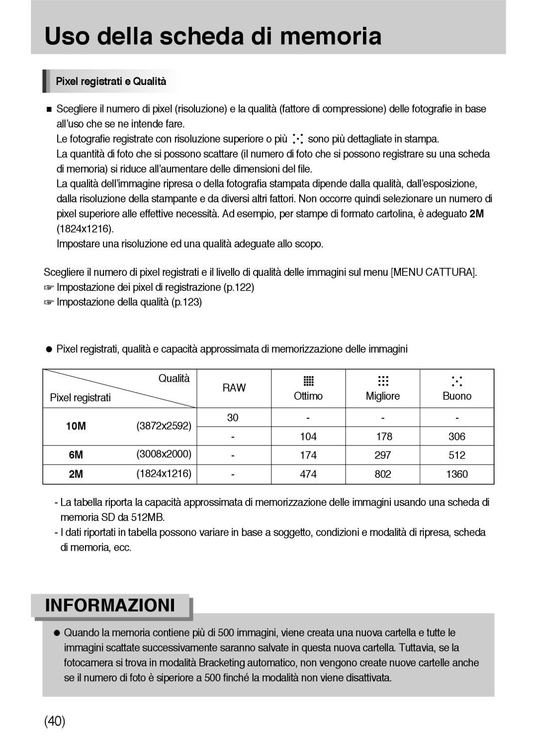 Samsung ER-GX10ZBBC/IT, ER-GX10ZBBH/DE, ER-GX10ZBBB/DE, ER-GX10ZBBB/IT, ER-GX10ZBBD/IT manual Pixel registrati e Qualità 