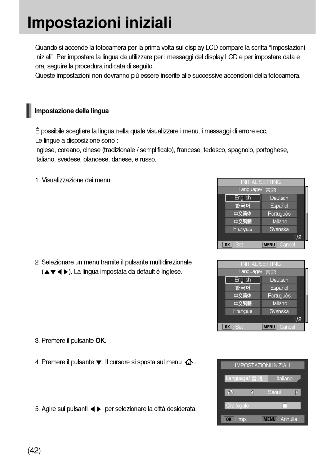 Samsung ER-GX10ZBBB/DE manual Impostazioni iniziali, Impostazione della lingua, Premere il pulsante OK, Agire sui pulsanti 