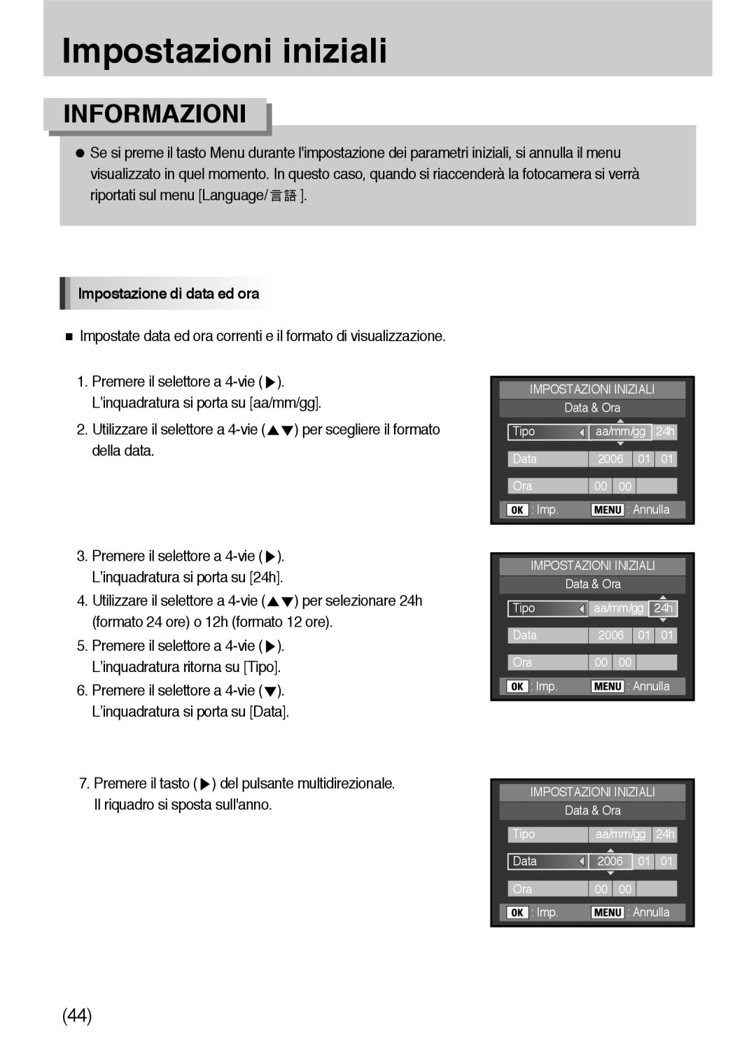 Samsung ER-GX10ZBBD/IT, ER-GX10ZBBH/DE, ER-GX10ZBBB/DE, ER-GX10ZBBB/IT, ER-GX10ZBBB/E1 manual Impostazione di data ed ora 