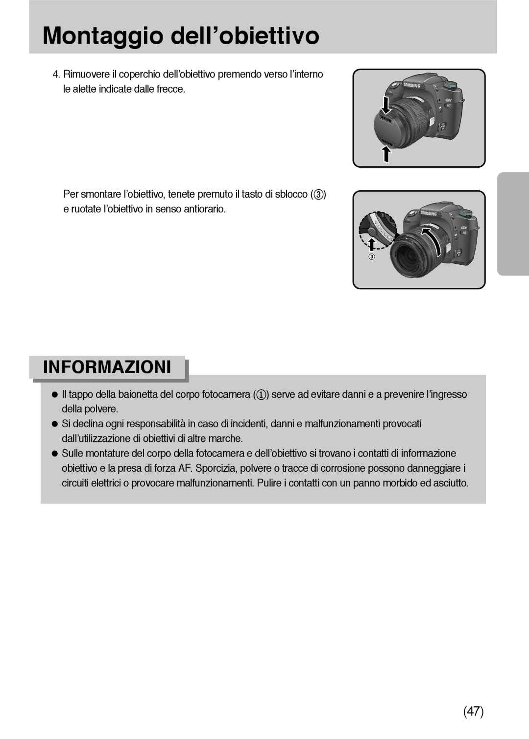 Samsung ER-GX10ZBBC/IT, ER-GX10ZBBH/DE, ER-GX10ZBBB/DE, ER-GX10ZBBB/IT, ER-GX10ZBBD/IT manual Montaggio dell’obiettivo 