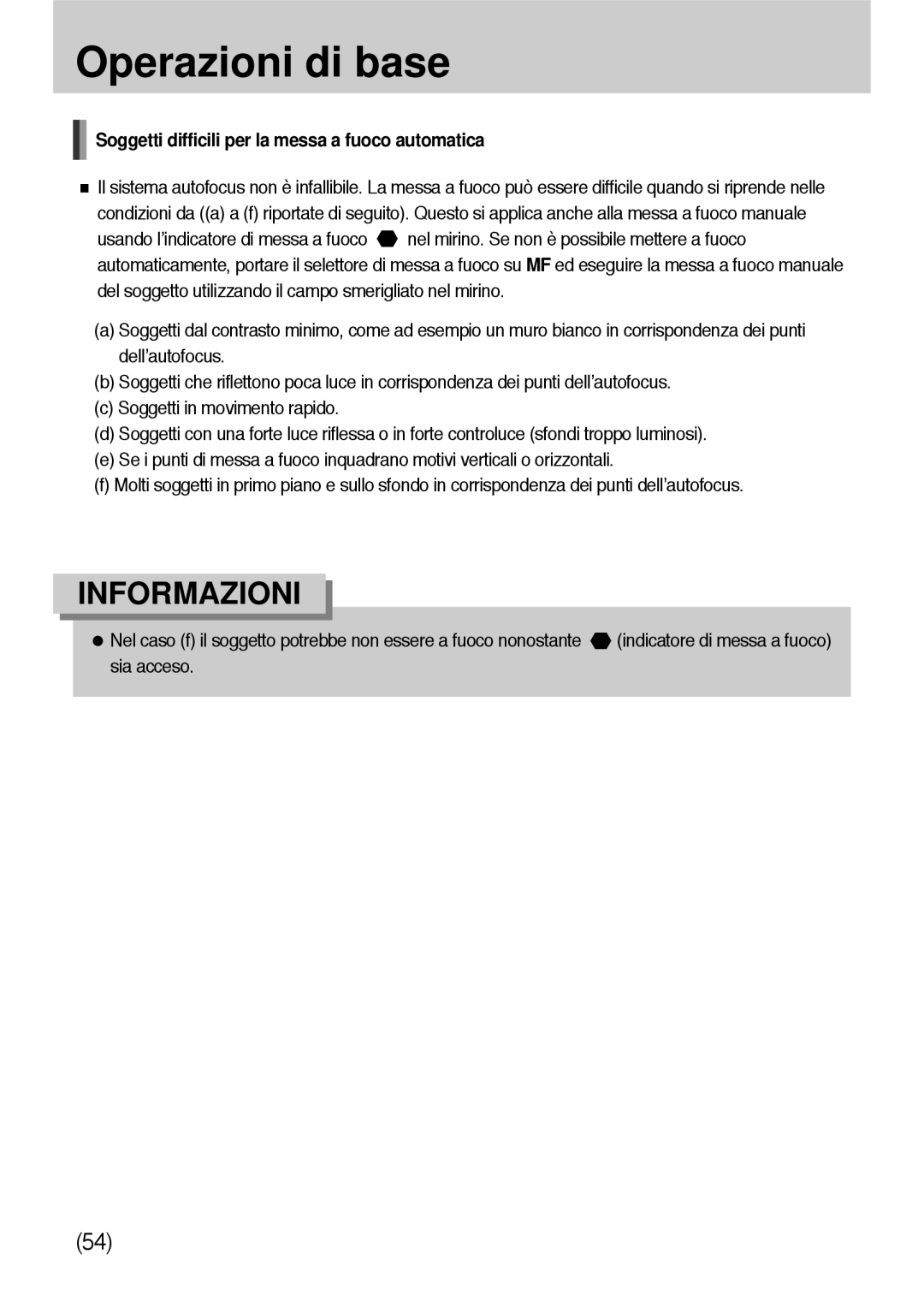 Samsung ER-GX10ZBBC/IT, ER-GX10ZBBH/DE, ER-GX10ZBBB/DE, ER-GX10ZBBB/IT Soggetti difficili per la messa a fuoco automatica 