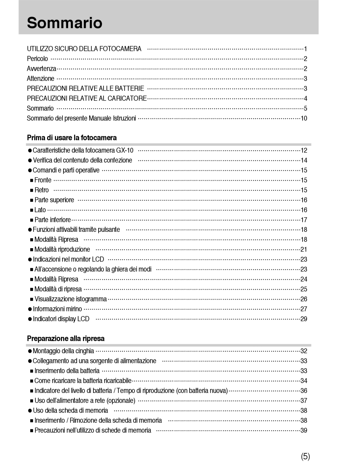 Samsung ER-GX10ZBBC/IT manual Pericolo Avvertenza Attenzione, Sommario Sommario del presente Manuale Istruzioni 