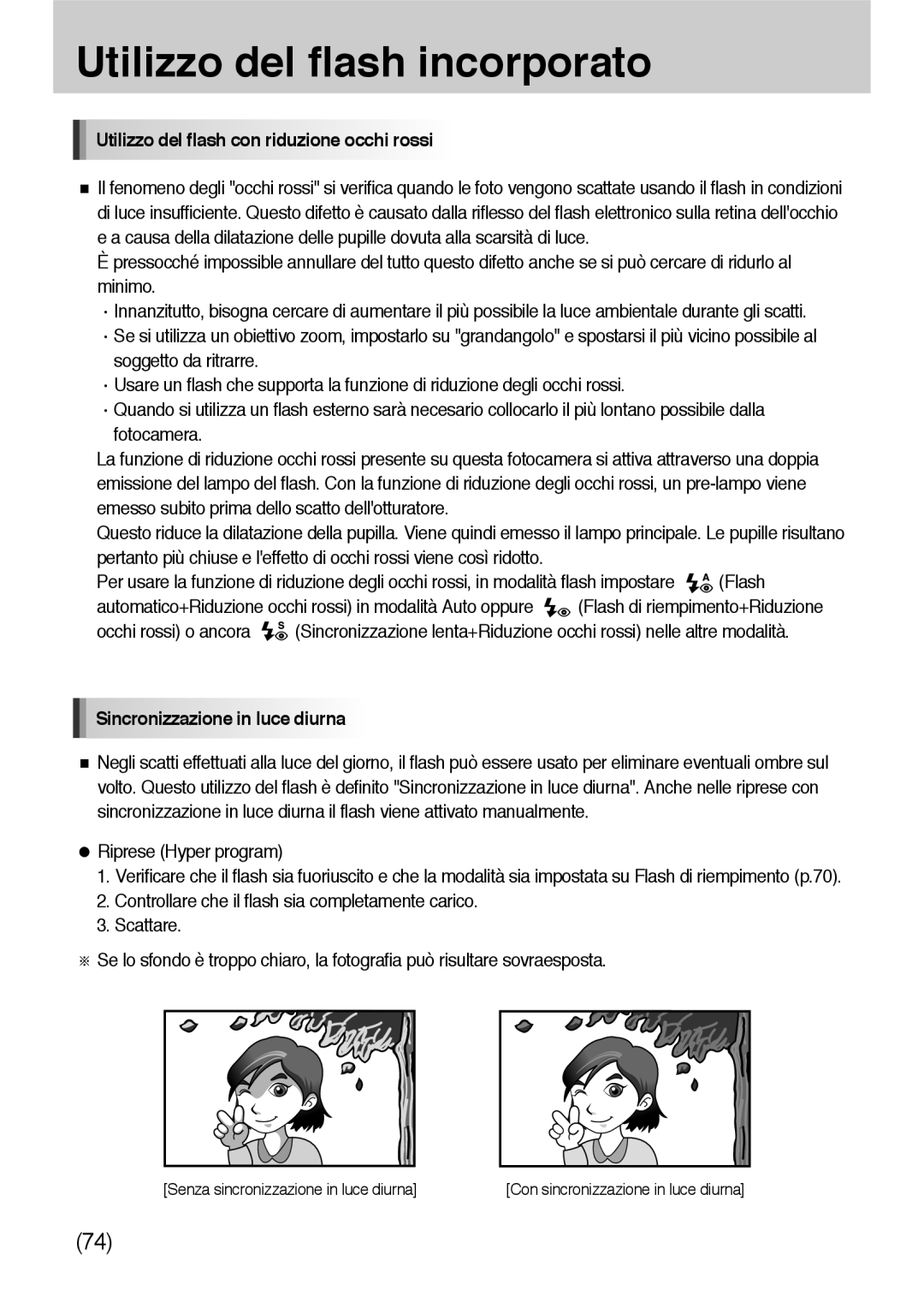 Samsung ER-GX10ZBBA/IT, ER-GX10ZBBH/DE manual Utilizzo del flash con riduzione occhi rossi, Sincronizzazione in luce diurna 
