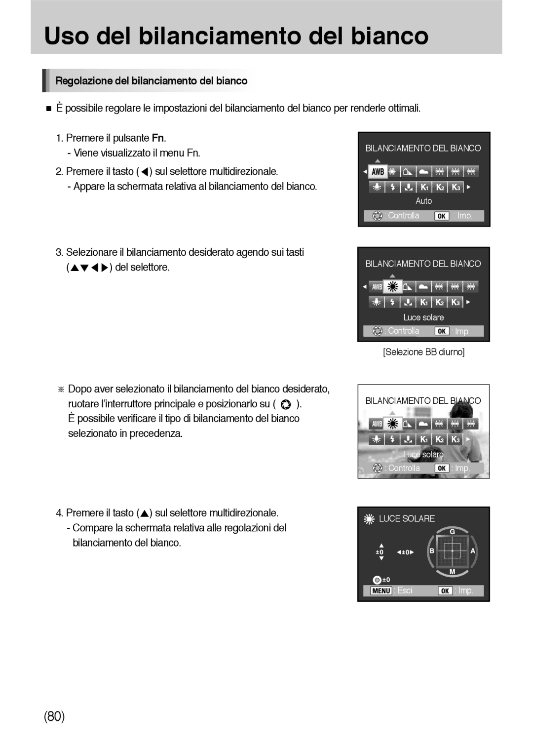 Samsung ER-GX10ZBBB/E1, ER-GX10ZBBH/DE, ER-GX10ZBBB/DE, ER-GX10ZBBB/IT manual Regolazione del bilanciamento del bianco 