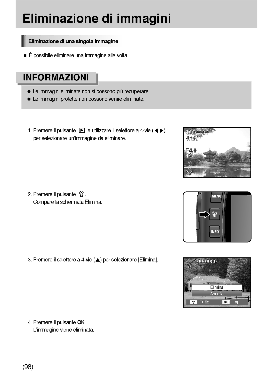 Samsung ER-GX10ZBBB/DE, ER-GX10ZBBH/DE, ER-GX10ZBBB/IT manual Eliminazione di immagini, Eliminazione di una singola immagine 