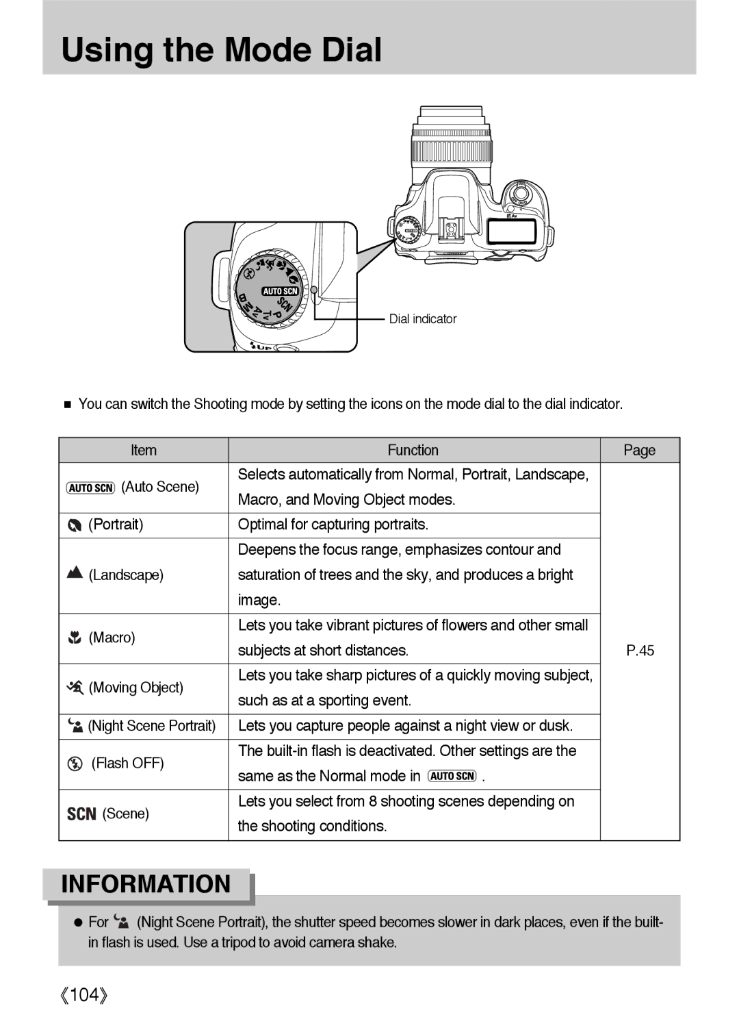 Samsung ER-GX1LZBBA/FR, ER-GX1LZBBA/E1, ER-GX1LZBAA, ER-GX1LZBAB, ER-GX1LZBBA/US, ER-GX1LZBBA/GB manual Using the Mode Dial 