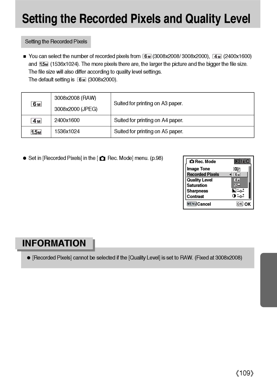 Samsung ER-GX1LZBBA/GB manual Setting the Recorded Pixels, Suited for printing on A3 paper, Suited for printing on A4 paper 