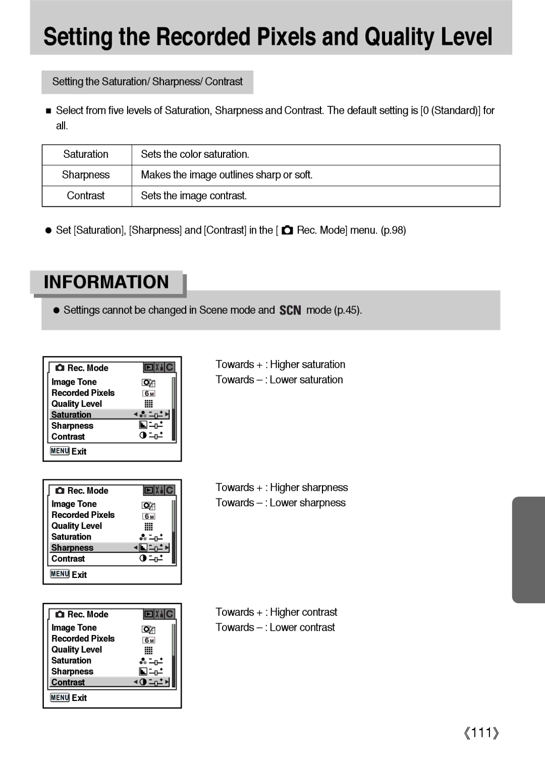 Samsung ER-GX1LZBBA/FR Makes the image outlines sharp or soft, Settings cannot be changed in Scene mode and mode p.45 