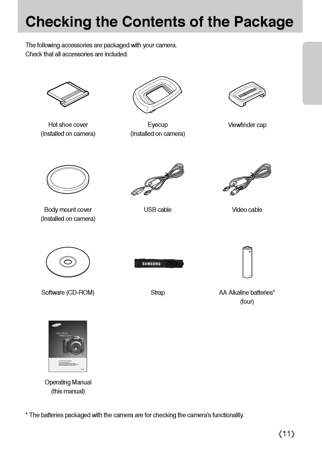 Samsung ER-GX1LZBBA/GB, ER-GX1LZBBA/FR, ER-GX1LZBBA/E1, ER-GX1LZBAA, ER-GX1LZBAB manual Checking the Contents of the Package 