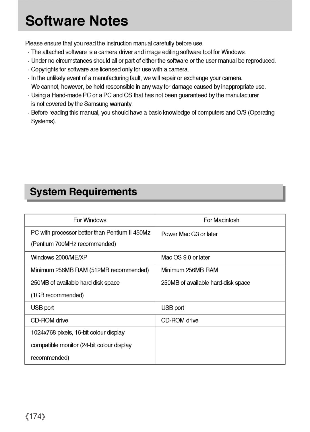 Samsung ER-GX1LZBBA/FR, ER-GX1LZBBA/E1 Software Notes, For Windows For Macintosh, Power Mac G3 or later, Minimum 256MB RAM 