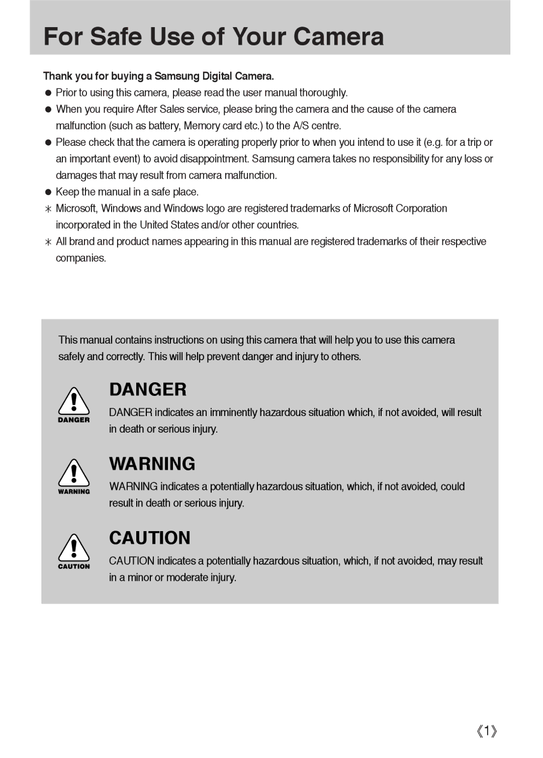 Samsung ER-GX1LZBAA, ER-GX1LZBBA/FR, ER-GX1LZBBA/E1, ER-GX1LZBAB, ER-GX1LZBBA/US, ER-GX1LZBBA/GB For Safe Use of Your Camera 