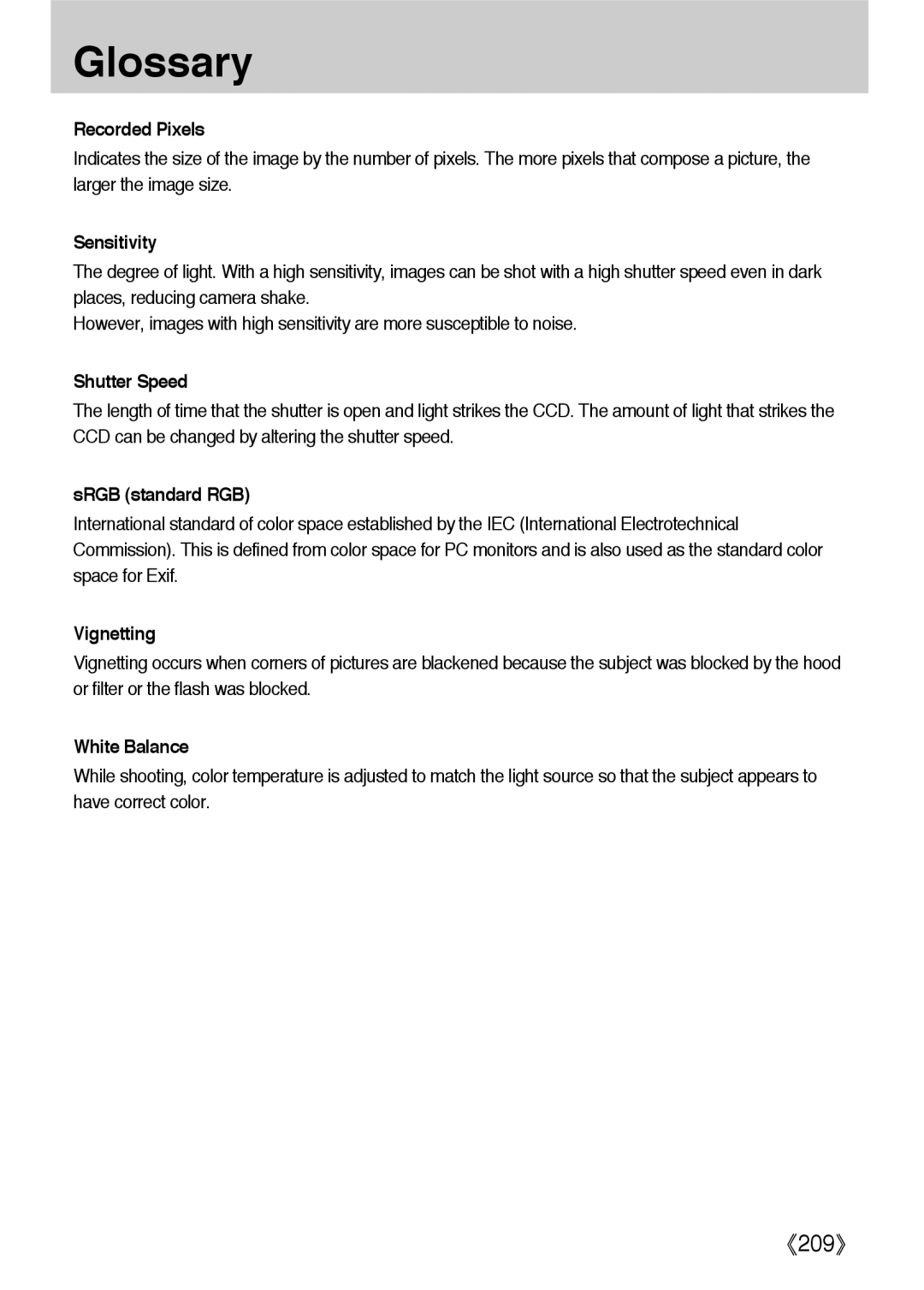 Samsung ER-GX1LZBBA/FR manual Recorded Pixels, Sensitivity, Shutter Speed, SRGB standard RGB, Vignetting, White Balance 