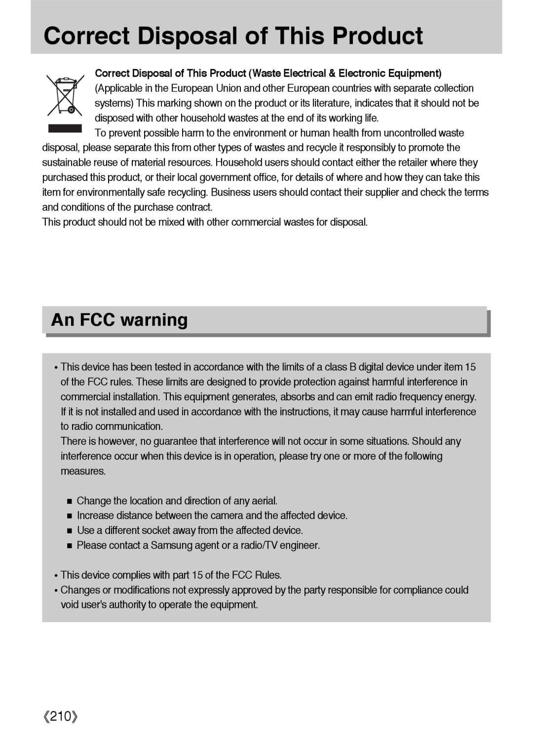 Samsung ER-GX1LZBBA/E1, ER-GX1LZBBA/FR, ER-GX1LZBAA, ER-GX1LZBAB manual Correct Disposal of This Product, An FCC warning 