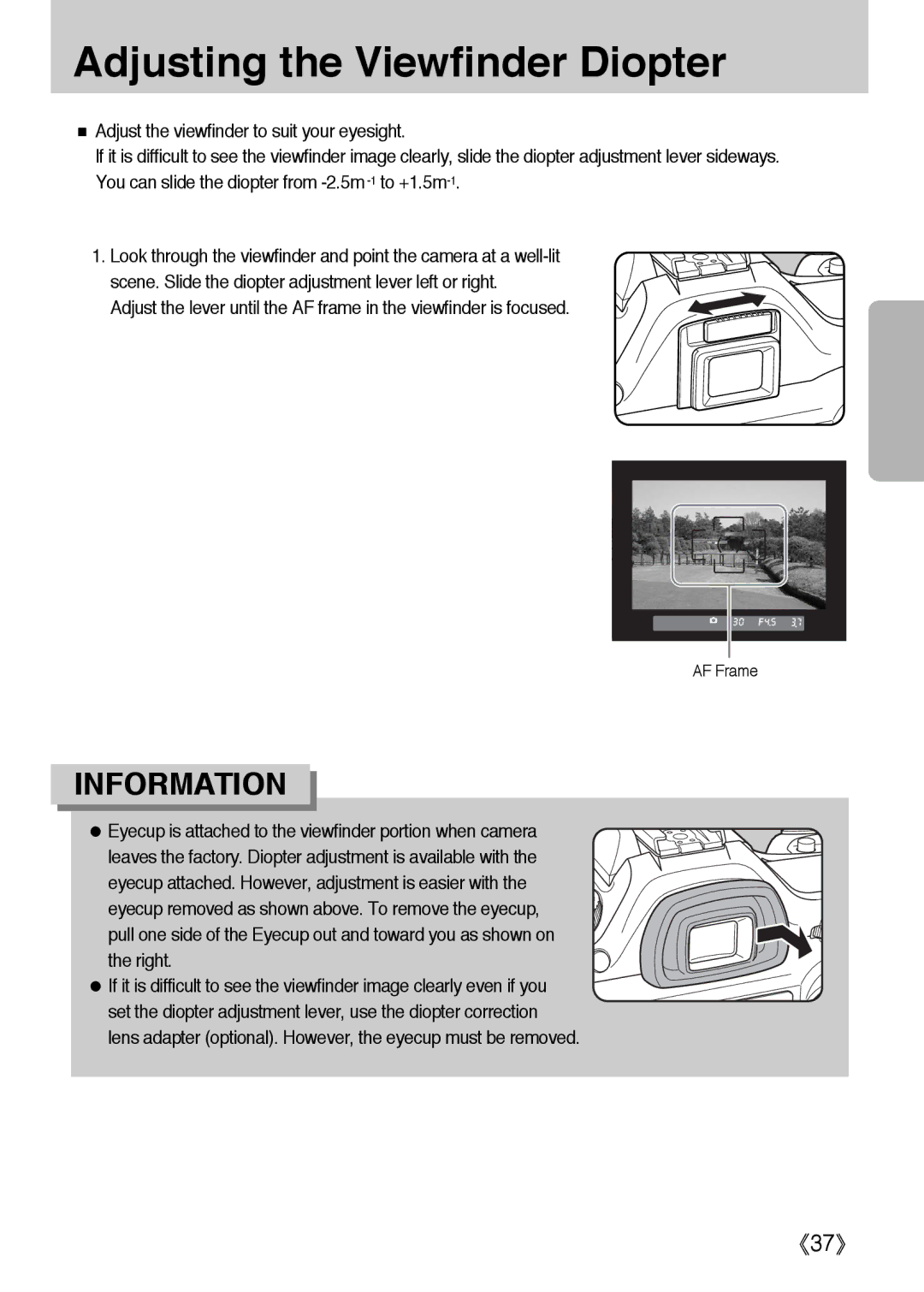 Samsung ER-GX1LZBAB, ER-GX1LZBBA/FR, ER-GX1LZBBA/E1, ER-GX1LZBAA, ER-GX1LZBBA/US manual Adjusting the Viewfinder Diopter 